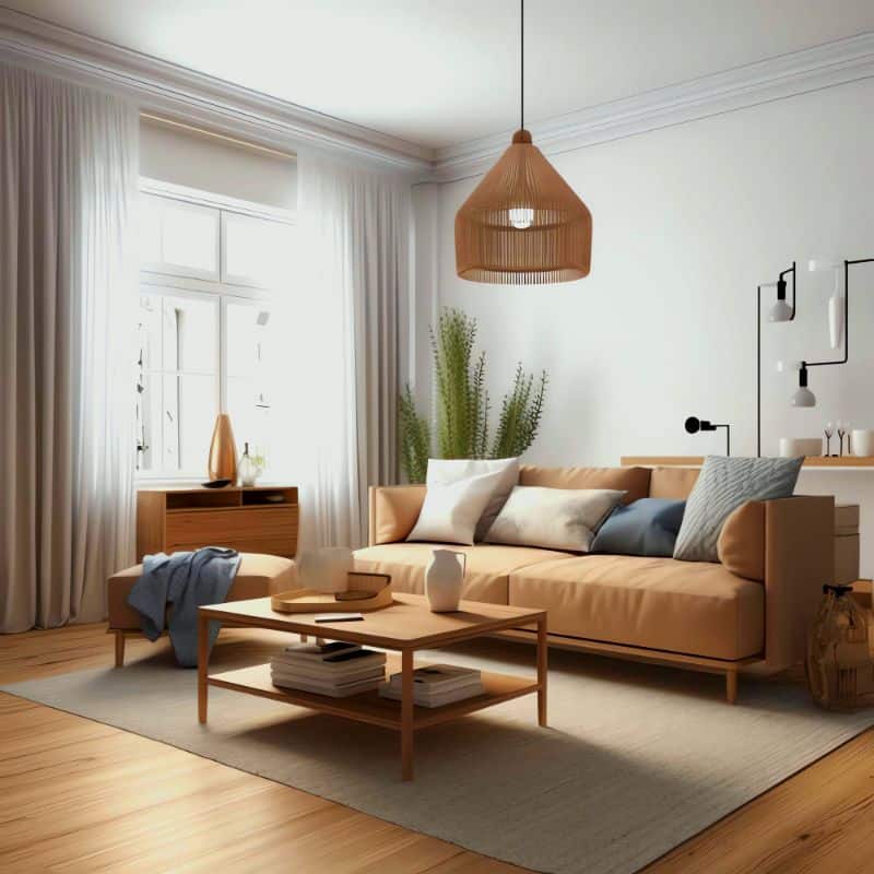 La imagen presenta una sala de estilo nórdico con tonos beige, madera clara y abundante iluminación natural. El mobiliario de líneas simples, la lámpara colgante de fibras naturales y los textiles suaves crean un ambiente cálido y acogedor.