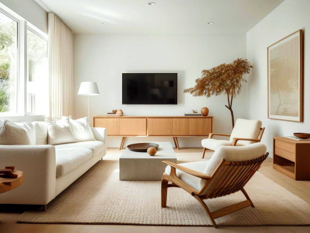 Sala de estilo escandinavo con decoración minimalista y elegante. Predominan los tonos blancos, beige y madera clara. El espacio incluye un sofá amplio, sillones contemporáneos, mesa de centro sencilla y un mueble de líneas limpias.