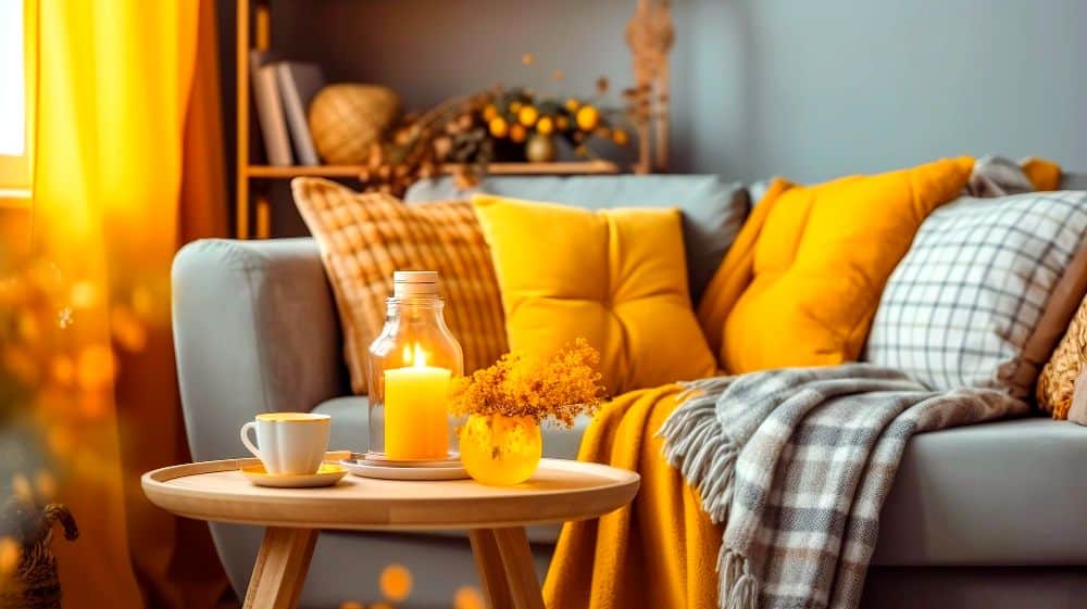 Se observa una sala decorada con un sofá gris, cojines amarillos y una manta a cuadros, acompañados de una mesa auxiliar con una vela encendida y una taza. La combinación de textiles y luz cálida transmite una sensación de confort hogareño.