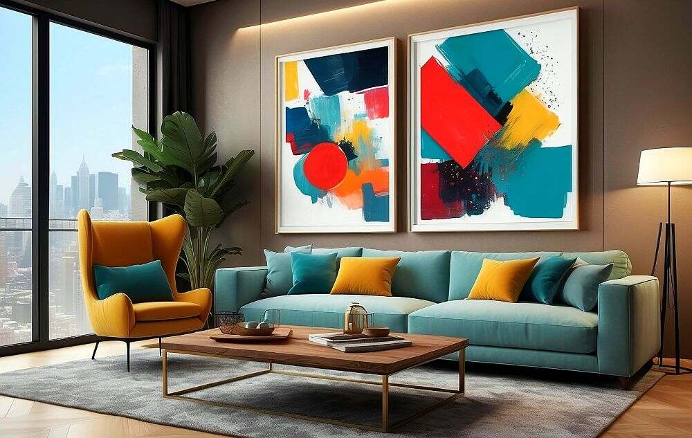 Sala moderna y colorida, equipada con un sofá en tono azul turquesa y un sillón individual en color mostaza. Destacan dos cuadros abstractos de gran formato, una mesa de centro de madera y amplios ventanales que aportan luminosidad.