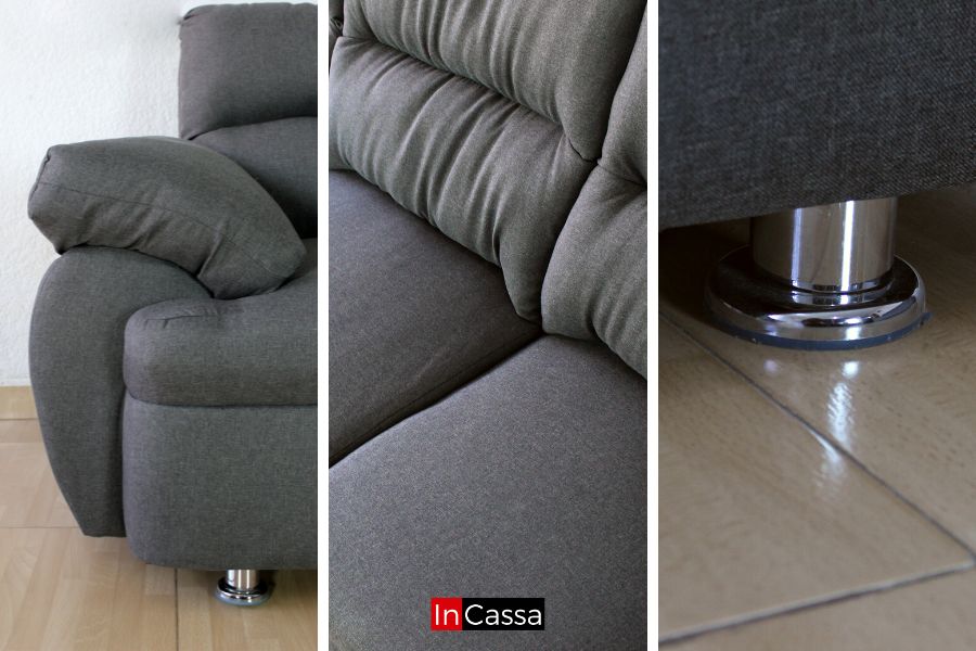 Una combinación de tres tomas diferentes que destacan cada una de las partes de los módulos que conforman la sala en tapiz lino mouse, tales como son: los descansa brazos, los asientos y las patas cromadas.