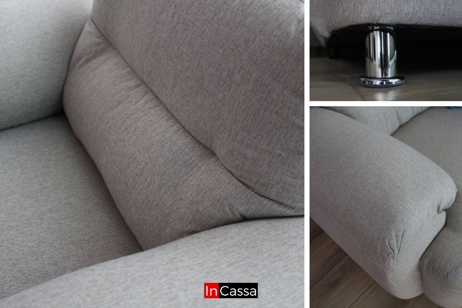Tres tomas diferentes, en las que se resalta los respaldos y descansa brazos de los módulos que integran la sala tapizada en lino greige, además de una imagen que resalta una de sus patas metálicas.