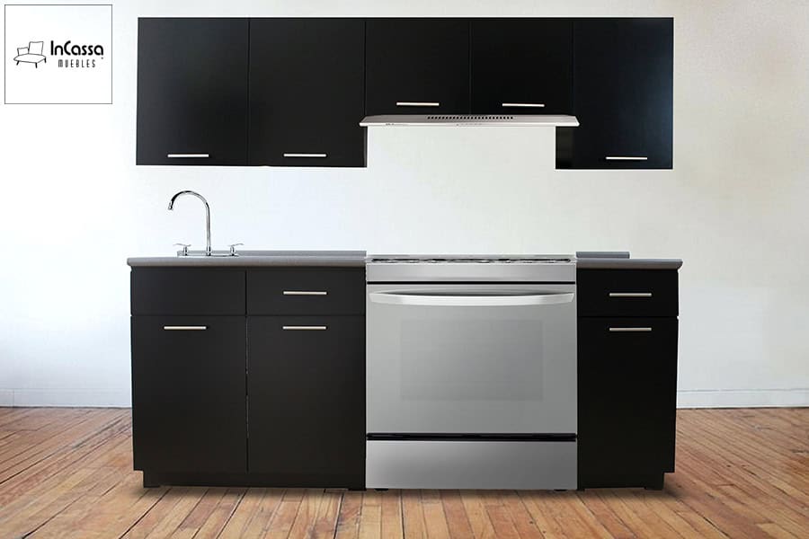 La foto presenta una vista completa de la Cocina Integral ÁFRICA de 2.10 m, diseñada para estufa y mostrada en un elegante tono chocolate. Su diseño lineal combina módulos superiores e inferiores con amplios compartimentos y cajones funcionales. La cubierta de formica en tono granito de arena, junto con las jaladeras metálicas, aporta un contraste moderno y sofisticado, ideal para cocinas contemporáneas que buscan elegancia y practicidad en cada detalle.