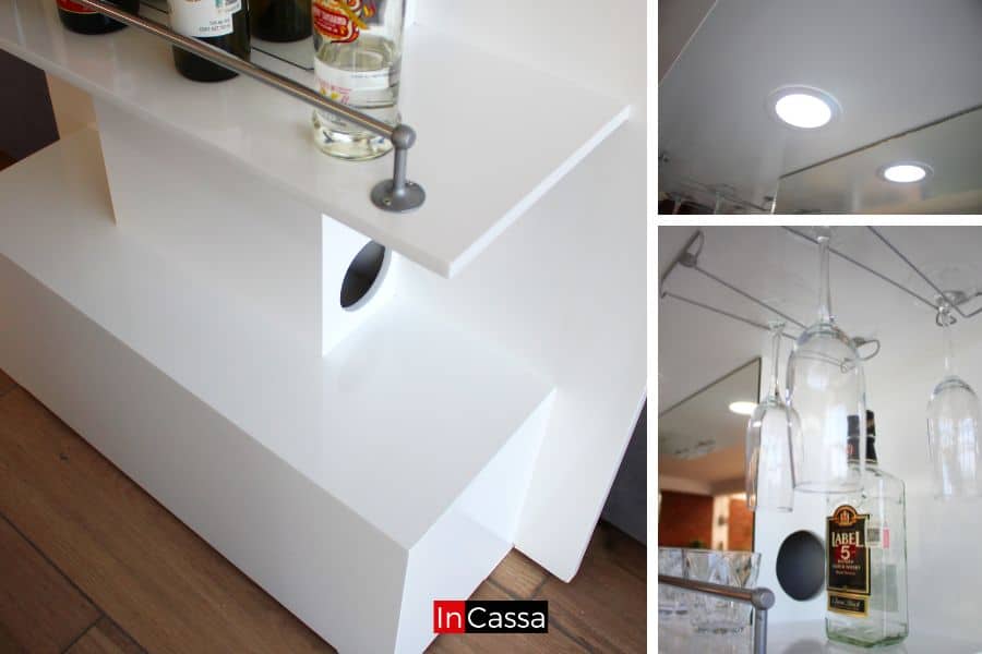 Un collage con tres tomas de diferentes partes del módulo trasero de la cantina, entre las que están una la base del mueble, los soportes metálicos para copas y la lampara de luz led integrada en la parte superior del módulo.