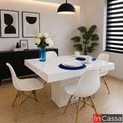 Se aprecia el Comedor Modelo ARGOS para 4 personas con luz con mesa blanca y sillas blancas, un conjunto de diseño contemporáneo que aporta amplitud y luminosidad al comedor. Su mesa de líneas rectas y sillas de estilo moderno crean un ambiente elegante, cómodo y perfecto para compartir en familia.
