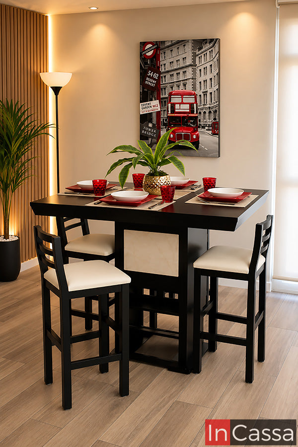Se aprecia el Comedor Alto Modelo ATLANTA para 4 personas en color chocolate con asientos tapizados en suede hueso, destacando su diseño contemporáneo de altura, la sólida estructura de la mesa y los bancos con respaldo, ideales para brindar comodidad, aprovechar el espacio y crear un ambiente elegante y acogedor.