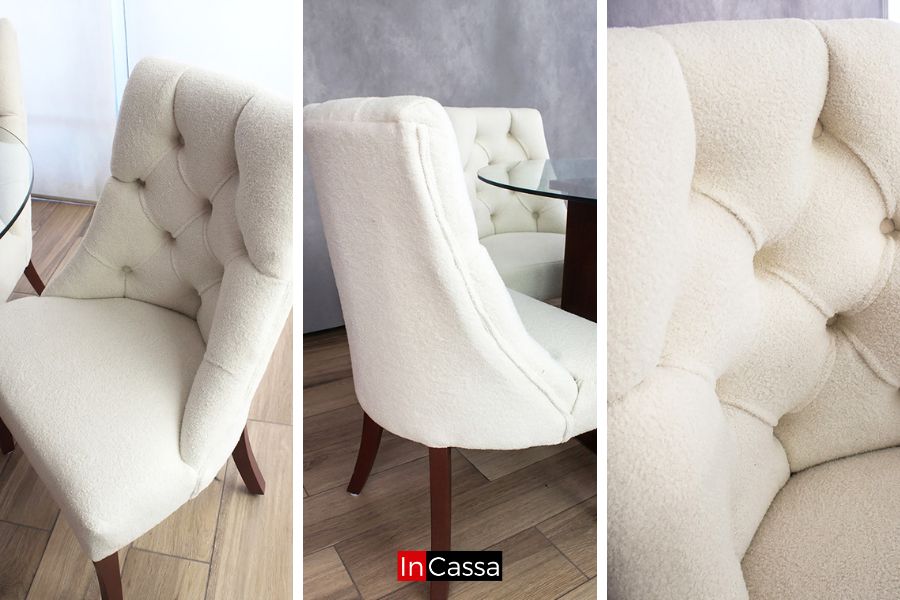 Se muestran distintos ángulos de las sillas del antecomedor BRATISLAVA, destacando su tapizado en suede hueso con acabado capitoneado, respaldo ergonómico y patas en tono tabaco que aportan confort y sofisticación.