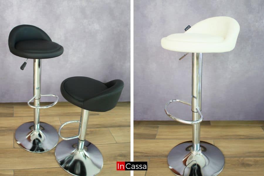 Una imagen que muestra los bancos neumáticos en sus dos presentaciones disponibles, mostrando dos bancos con asientos de tacto piel negro a distintas alturas en la sección izquierda, y un banco con asiento de tacto piel blanco en la sección derecha de la imagen.