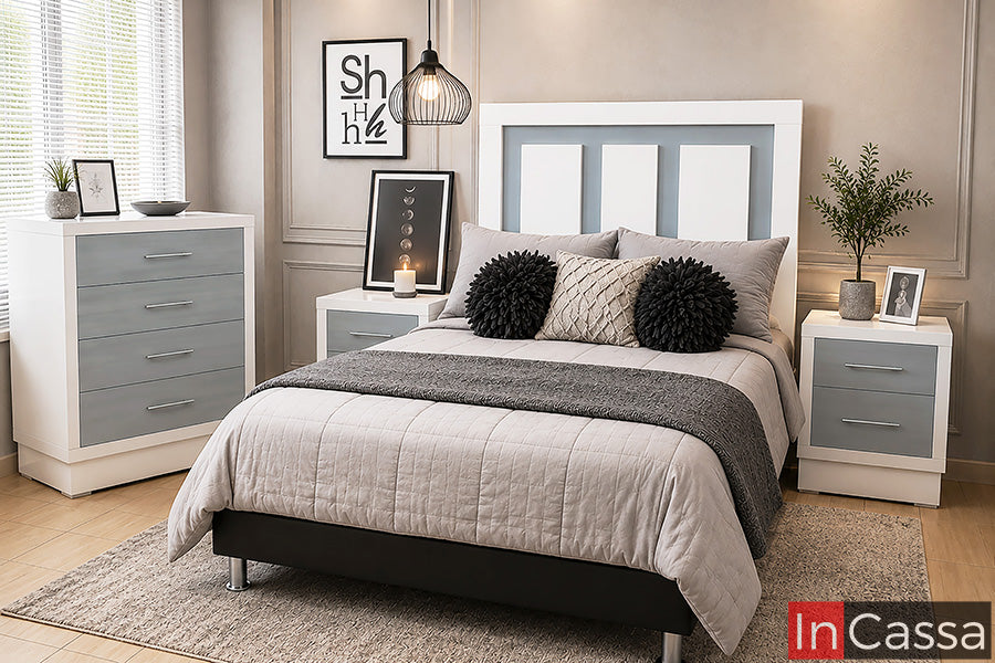 Recámara Modelo COSTA RICA en acabado blanco con detalles en gris medio, una combinación moderna y elegante que aporta luminosidad al dormitorio. Su cabecera geométrica, burós y cómoda con amplios cajones ofrecen diseño, funcionalidad y excelente espacio de almacenamiento.