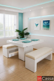 Se observa el Comedor con luz Modelo DREMMEN para 4 personas en color blanco con asientos tapizados en suede hueso, resaltando su diseño contemporáneo con iluminación LED integrada que crea un ambiente elegante y acogedor. Sus bancas tapizadas ofrecen gran comodidad, mientras que su acabado blanco aporta amplitud, luminosidad y un estilo sofisticado ideal para hogares modernos.