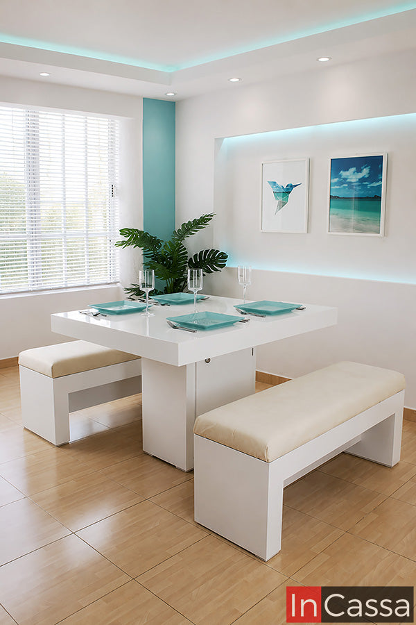 Se observa el Comedor con luz Modelo DREMMEN para 4 personas en color blanco con asientos tapizados en suede hueso, resaltando su diseño contemporáneo con iluminación LED integrada que crea un ambiente elegante y acogedor. Sus bancas tapizadas ofrecen gran comodidad, mientras que su acabado blanco aporta amplitud, luminosidad y un estilo sofisticado ideal para hogares modernos.