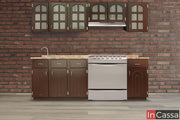 Cocina integral en acabado café, con alacenas superiores de puertas con vidrio esmerilado y módulos inferiores que incluyen espacio para estufa y tarja. Perfecta para un estilo clásico y funcional.