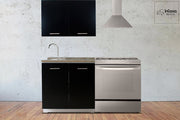 Cocina Integral KINGSTON de 1.70m para ESTUFA en color blanco con puertas chocolate y cubierta de formaica en estilo piedra salvaje, diseñada para aprovechar espacios compactos sin perder funcionalidad ni estilo. Su combinación de tonos crea un contraste elegante y moderno, mientras que sus módulos ofrecen espacios prácticos para organizar utensilios y accesorios de cocina. Incluye cubierta resistente con tarja de acero inoxidable para mayor comodidad en el uso diario.