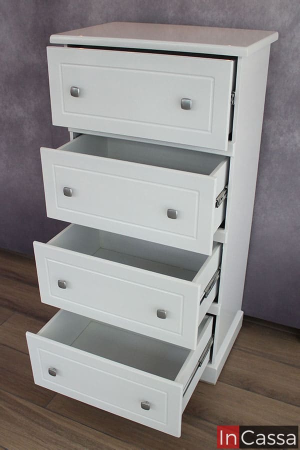 En esta foto se puede apreciar la cajonera desde una toma lateral con sus cajones abiertos, mostrando la estructura completa de cada compartimento además de su capacidad interna: Todos los cajones son de color blanco en la totalidad de su estructura al igual que el resto de la cajonera.