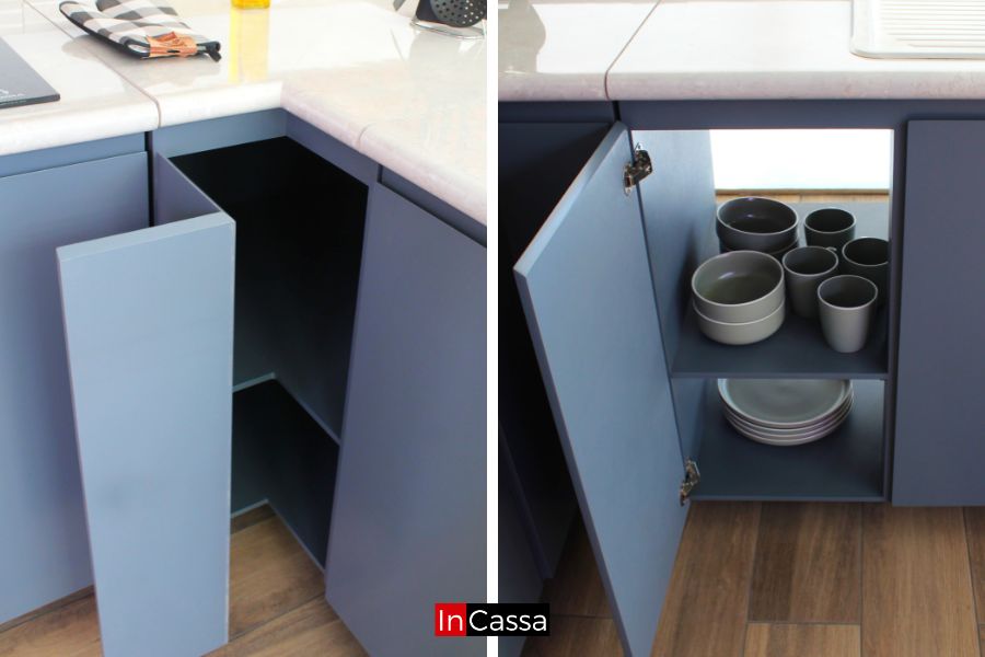 En estas tomas se aprecian los módulos inferiores en gris oxford con compartimentos internos bien distribuidos. Sus puertas con bisagras metálicas permiten un acceso cómodo, optimizando el almacenamiento con un diseño moderno y funcional.
