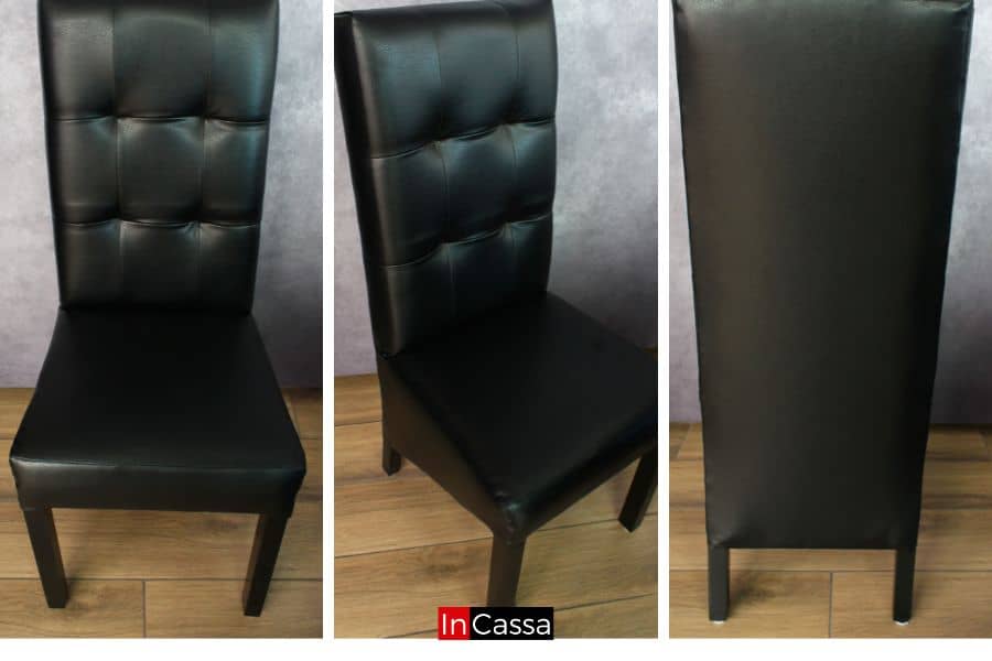 La toma presenta diferentes ángulos de las sillas tapizadas en tacto piel negro, mostrando su diseño ergonómico y acabados impecables en cada detalle. Estas piezas son el complemento perfecto para un comedor moderno y funcional.