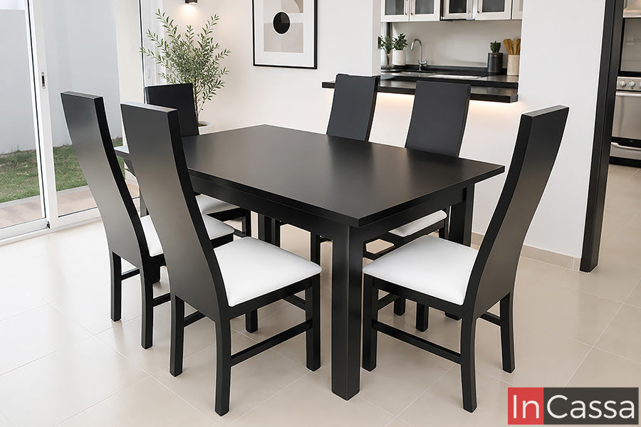 Perspectiva del Comedor Modelo LAS VEGAS para 6 personas en color chocolate con asientos tapizados en suede color hueso, integrado por mesa rectangular y seis sillas de respaldo alto. La imagen muestra el contraste entre la estructura en tono chocolate y el tapizado claro de los asientos, así como la distribución del comedor en un espacio moderno.