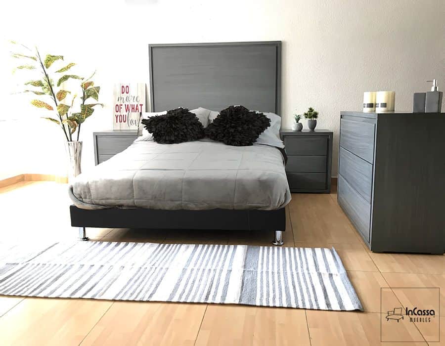 La imagen presenta una recámara de diseño contemporáneo en tono gris cenizo oscuro, compuesta por cabecera, burós y tocador con amplios cajones, ideal para un ambiente armonioso y sofisticado.