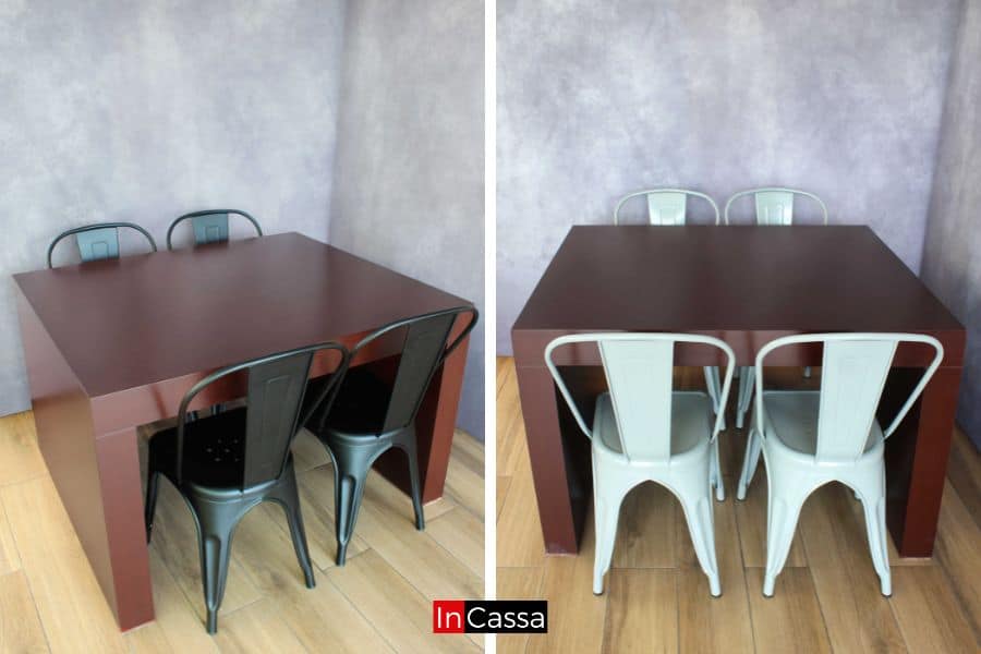 Con un enfoque en la simplicidad y el diseño minimalista, el comedor destaca por su apariencia limpia y elegante. Mostrado en dos presentaciones, en los que su mesa en acabado tabaco es acompañada por sillas metálicas negras y grises; ideal para quienes buscan un mueble que combine con cualquier tipo de decoración.