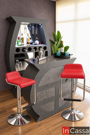 Cantina Redonda con Bancos LUXOR en acabado gris cenizo oscuro, con diseño curvo y barra frontal que aporta un estilo moderno y sofisticado. Incluye espacios para botellas y copas, iluminación interior y dos bancos rojos que crean un atractivo contraste.