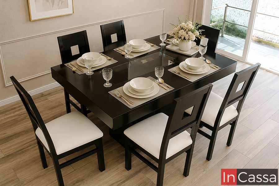 Se observa el Comedor Modelo MADRID para 6 personas en color chocolate con asientos tapizados en suede hueso, destacando su amplia cubierta, la distribución de sus seis sillas y el elegante contraste entre la estructura en color chocolate y el tapizado claro, ideal para crear un ambiente moderno, cómodo y acogedor.
