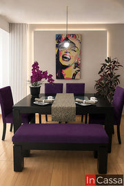 Se muestra el Comedor Minimalista Modelo MAFRA para 6 personas en color chocolate con asientos tapizados en suede morado, una propuesta contemporánea que destaca por sus líneas rectas y su elegante contraste de colores. Su amplia cubierta brinda un espacio cómodo para compartir en familia, mientras que las sillas y banca tapizadas en suede ofrecen confort y un toque sofisticado que realza cualquier comedor moderno.