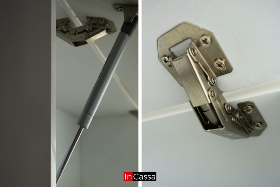 Se aprecian los herrajes de la alacena superior de la Cocina Integral MALDIVAS de 1.40 m para PARRILLA en color blanco, incluyendo el pistón de gas y las bisagras metálicas de alta resistencia. Componentes que brindan una apertura suave, segura y mayor durabilidad en el uso diario.