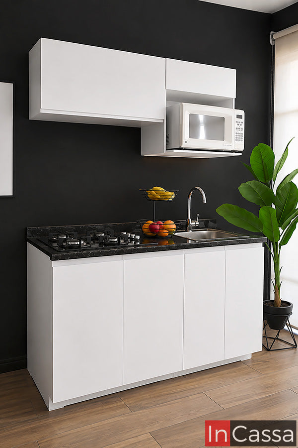 Se muestra la Cocina Integral MALDIVAS de 1.40 m para PARRILLA en color blanco con cubierta de formaica en estilo mármol negro, una excelente alternativa para optimizar espacios reducidos. Su diseño moderno combina funcionalidad, almacenamiento y una apariencia limpia que se adapta fácilmente a distintos estilos de cocina.