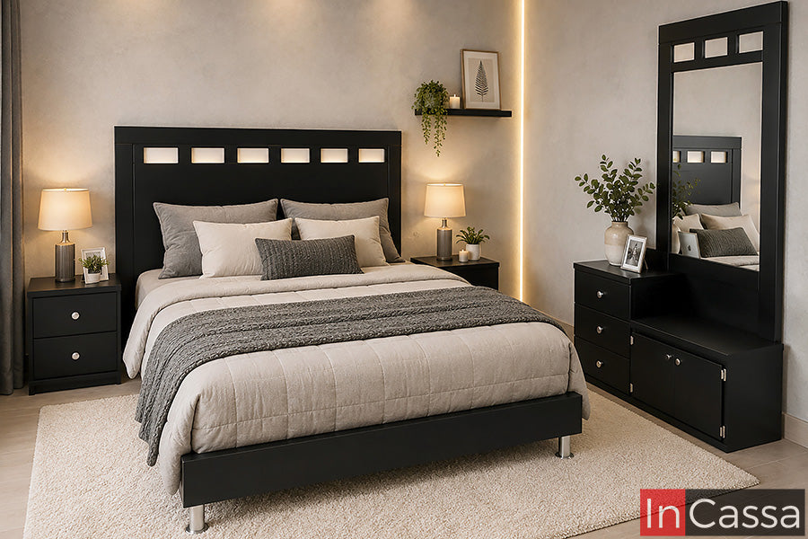 Recámara Modelo MANCHESTER en color chocolate con detalles decorativos en color hueso, diseñada con líneas rectas y un estilo contemporáneo. La cabecera integra aplicaciones geométricas en contraste y el conjunto se complementa con burós, cómoda y espejo, ofreciendo espacios funcionales de almacenamiento para la recámara.
