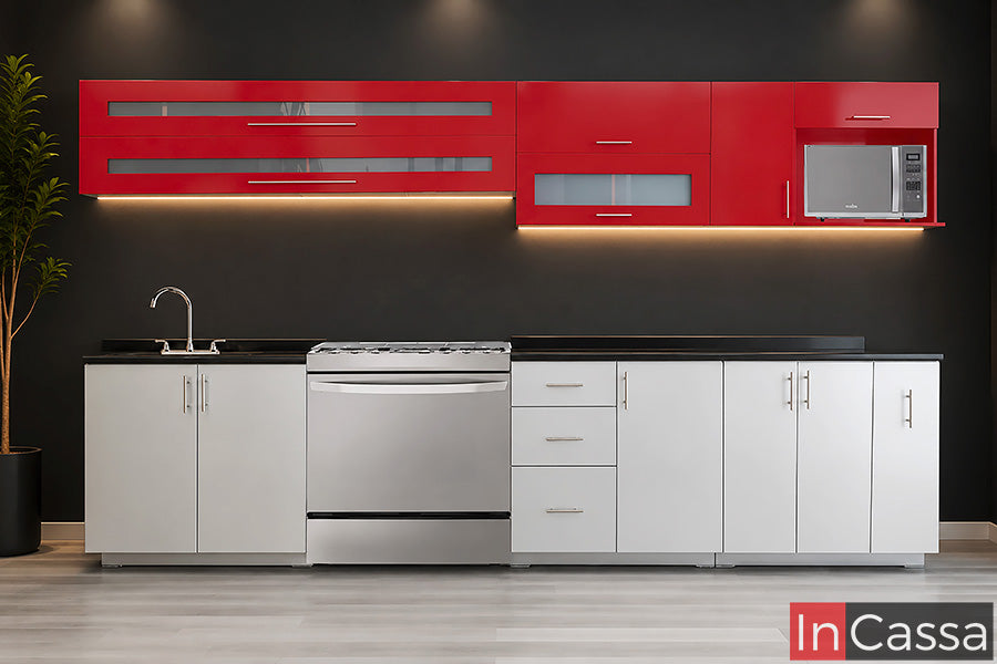 En la imagen se aprecia la Cocina Integral MEDELLIN de 3.50 m para ESTUFA con alacenas superiores en color rojo vivo y gabinetes inferiores en color silver con cubierta de formaica en estilo mármol negro. Su diseño de gran capacidad combina elegancia, funcionalidad y amplios espacios de almacenamiento para una cocina moderna.