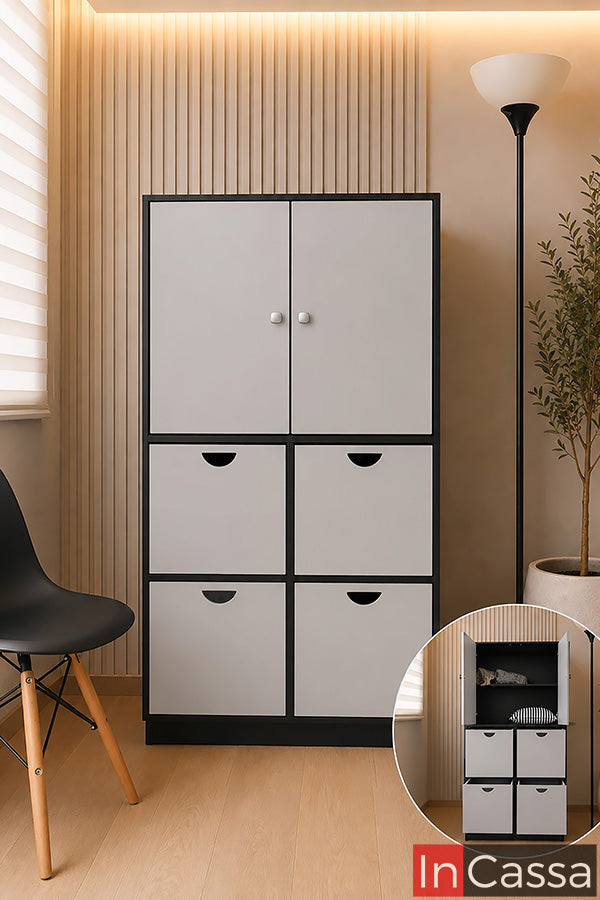 Se observa el Organizador Modelo MICHELLE con estructura en color chocolate y cajones en tono silver, un mueble versátil que combina diseño moderno con una excelente capacidad de almacenamiento. Su distribución incorpora un gabinete superior de doble puerta para prendas o artículos de mayor tamaño y cuatro amplios cajones inferiores ideales para organizar ropa, accesorios, juguetes o documentos. 
