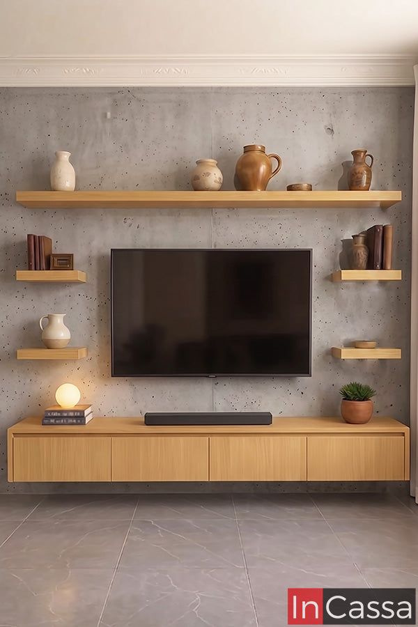 Aquí se presenta el Centro de Entretenimiento Modelo MONTANA en acabado natural, diseñado para crear un espacio elegante y organizado para tu televisión y accesorios decorativos. Su diseño flotante con repisas ofrece una apariencia moderna, optimiza el espacio y aporta calidez a cualquier sala de estar.