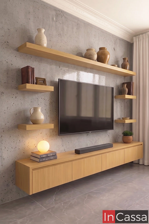 Se aprecia el Centro de Entretenimiento Modelo MONTANA en acabado natural desde una perspectiva lateral que resalta su diseño flotante y la distribución de sus repisas decorativas. Su estilo contemporáneo aporta amplitud visual, organización y un toque sofisticado para complementar cualquier sala moderna.