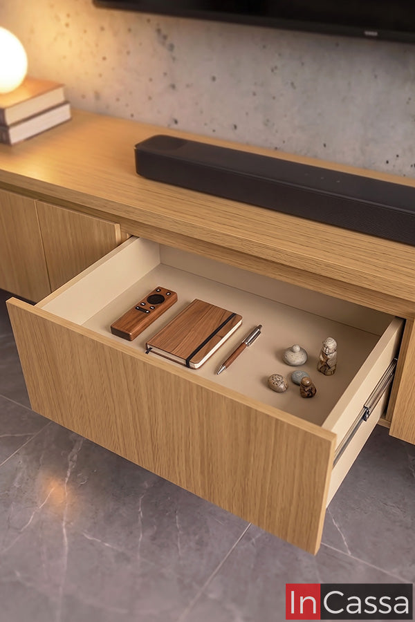 En esta toma se muestra un cajón del mueble inferior del Centro de Entretenimiento Modelo MONTANA en acabado natural, diseñado para almacenar controles, accesorios y objetos de uso diario. Su apertura amplia facilita la organización, manteniendo la sala ordenada con un estilo moderno y funcional.