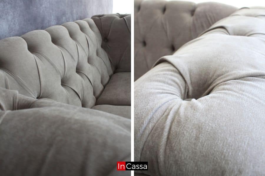 La imagen muestra dos acercamientos al tapizado capitoné de ambos módulos de la sala tapizada en suede gris perla. Los detalles del acolchado y los botones decorativos resaltan la textura suave y el acabado refinado del mueble, aportando un aire de sofisticación clásica.