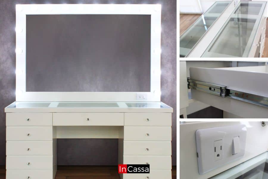 La imagen muestra el Tocador Mykonos blanco desde un ángulo frontal junto a acercamientos de sus principales características: cubierta de cristal templado, correderas metálicas de extensión total en los cajones, jaladeras estilo diamante y conexión eléctrica integrada. Un diseño completo y elegante que maximiza funcionalidad y estilo.