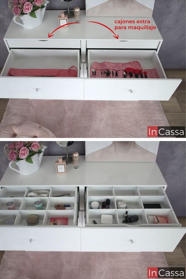 La imagen muestra dos tomas diferentes de los cajones superiores del tocador, de las cuales, en la primera puede verse el interior de los cajones, mientras que en la segunda vemos los mismos espacios pero con los dos cajones extras abiertos. Ambas partes conservan el mismo tono blanco visto en todo las estructura externa del tocador.