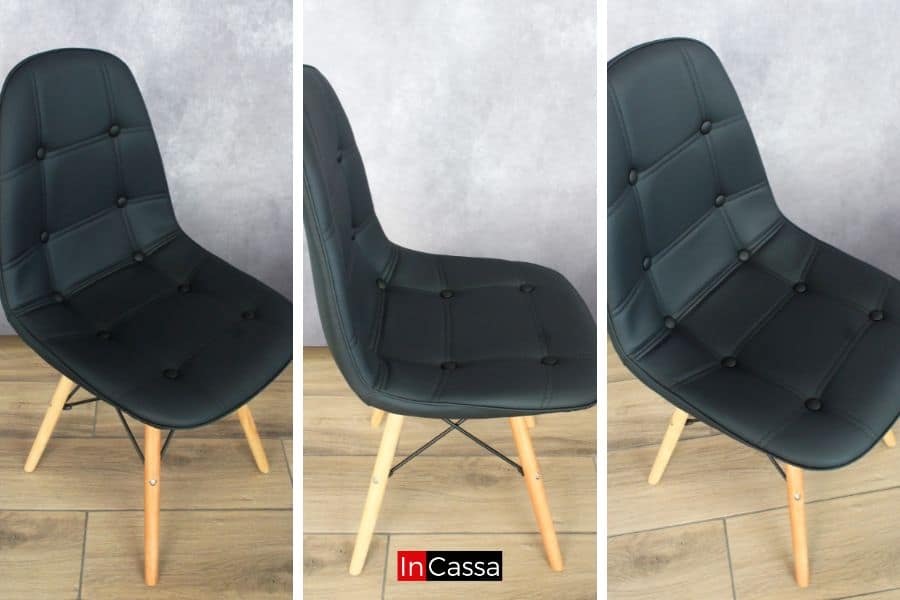 La fotografía muestra tres ángulos distintos de la silla tipo eames incluida en el Comedor NORMANDÍA. Su estructura combina patas en madera natural con refuerzos metálicos en color negro, aportando estabilidad y estilo. El asiento y respaldo cuentan con tapizado negro con un elegante diseño capitoneado de costuras y botones, brindando confort y un look contemporáneo perfecto para ambientes modernos y minimalistas.
