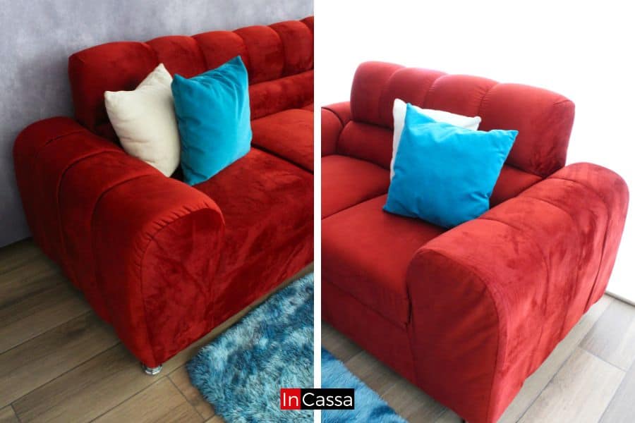 Composición de dos tomas laterales que resaltan el diseño curvado y acolchado de los brazos en sofá y love seat tapizados en suede chilli. Los cojines en azul turquesa y crema aportan contraste vibrante, mientras la alfombra azul de textura suave añade calidez y armonía al conjunto.