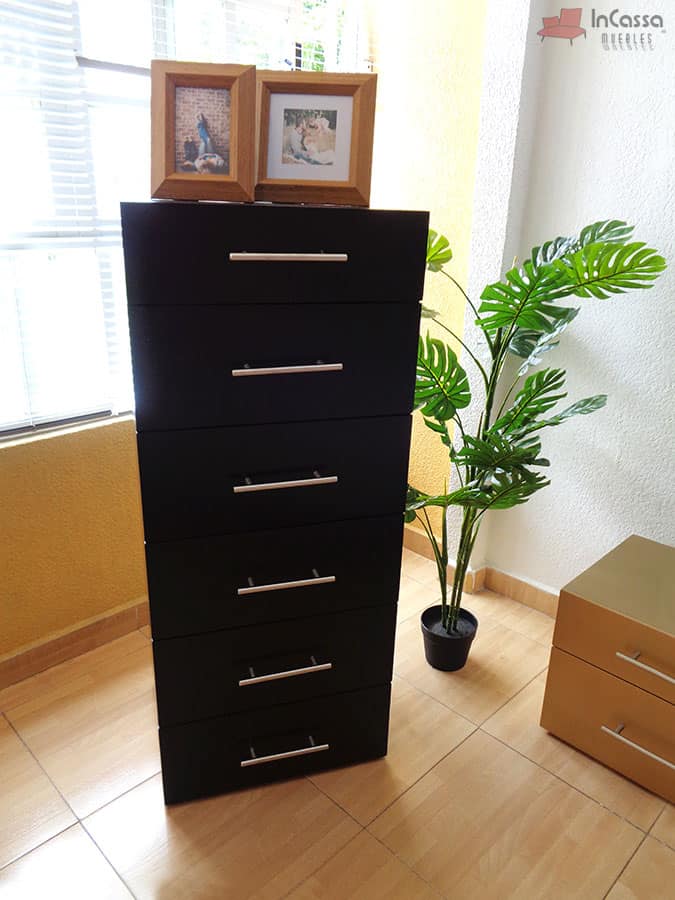 Una toma lateral cercana resalta la cajonera vertical del modelo Portugal, fabricada en color chocolate con seis cajones y jaladeras metálicas alargadas. Encima se colocaron dos cuadros decorativos enmarcados, junto a una planta de acento para ambientar el espacio.