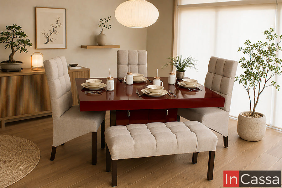 Se observa el Comedor 5 Personas Modelo QUIRICO, con mesa en color maple oscuro y sillas junto con banca tapizadas en lino greige. Su diseño contemporáneo combina una elegante banca acolchonada con cómodas sillas de respaldo alto, ofreciendo un espacio acogedor, funcional y sofisticado para disfrutar reuniones y comidas en familia.