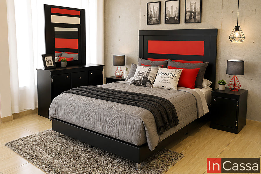 Recámara Modelo RAVENA en color chocolate, con cabecera de diseño geométrico y detalle central tapizado en suede color naranja que crea un contraste moderno y distintivo. El conjunto incluye base para cama, burós, cómoda y espejo a juego, manteniendo la combinación de tonos chocolate y naranja como elemento característico del diseño.
