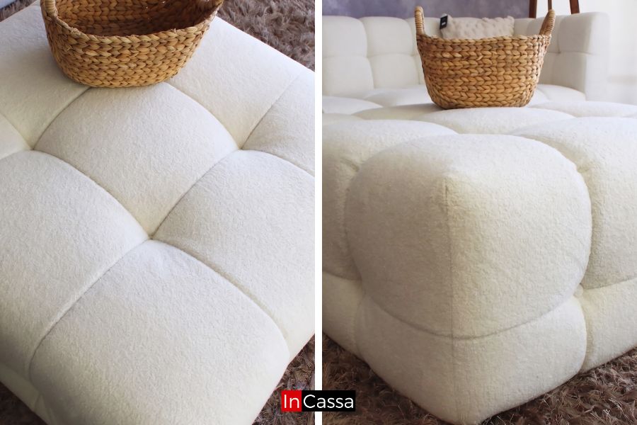 Se observan dos acercamientos al ottoman de la Sala tipo NUBE Modular Modelo RODAS tapizada en suede hueso, donde se aprecia con mayor detalle su diseño acolchado de gran volumen y su exclusivo tapizado con textura suave tipo borrego. Las imágenes resaltan la calidad de los acabados, las costuras cuidadosamente definidas y la forma redondeada de cada módulo, características que brindan una apariencia moderna, elegante y sumamente acogedora.