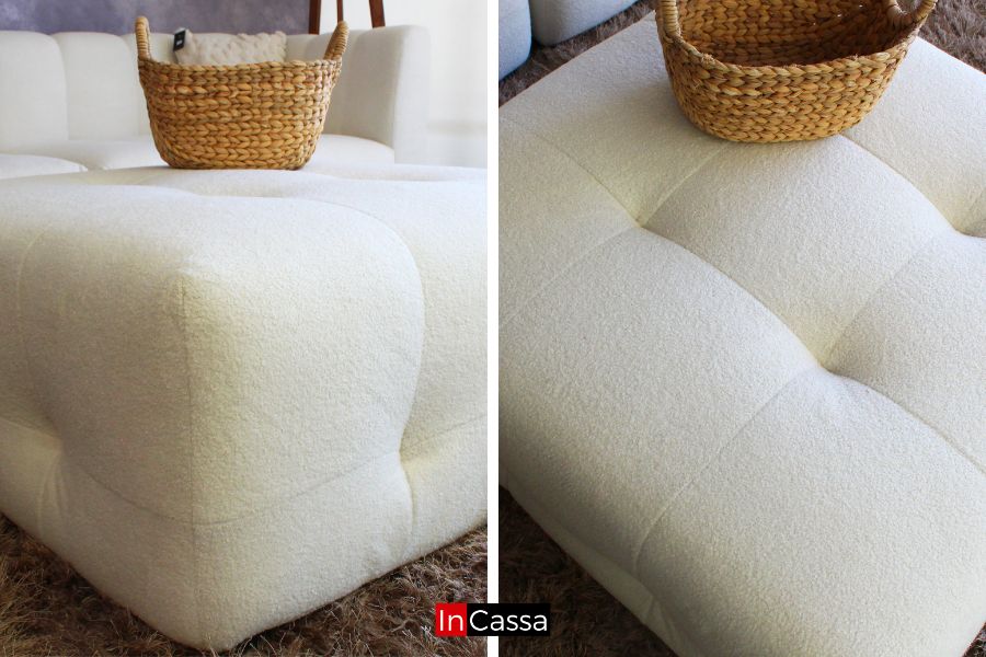 En este collage se aprecian detalles del módulo tipo puff de la sala RODAS en suede color hueso, destacando su capitoneado y esquinas suaves; su textura acolchada y diseño orgánico brindan comodidad y un estilo moderno ideal para complementar cualquier espacio.