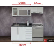 Cocina integral de estructura blanca con cubierta de formica en tono mármol negro. La imagen además muestra las dimensiones de cada uno de los módulos que conforman la cocina.