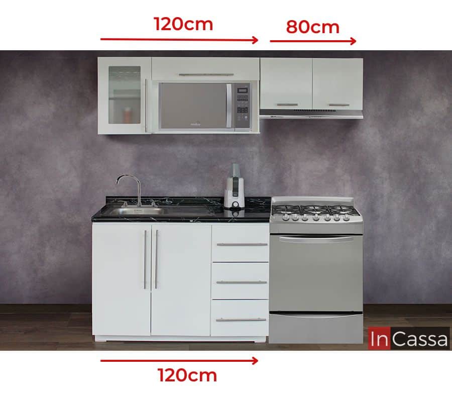 Cocina integral de estructura blanca con cubierta de formica en tono mármol negro. La imagen además muestra las dimensiones de cada uno de los módulos que conforman la cocina.