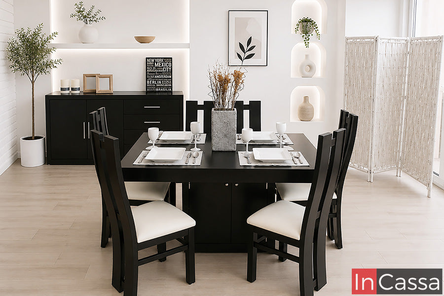 Presentación en ambiente del Comedor Modelo SAN DIEGO para 6 personas en color chocolate con asientos tapizados en suede color hueso, compuesto por mesa rectangular y seis sillas de respaldo alto. La imagen permite apreciar la distribución del conjunto, sus líneas rectas y el contraste entre la estructura chocolate y los asientos claros.