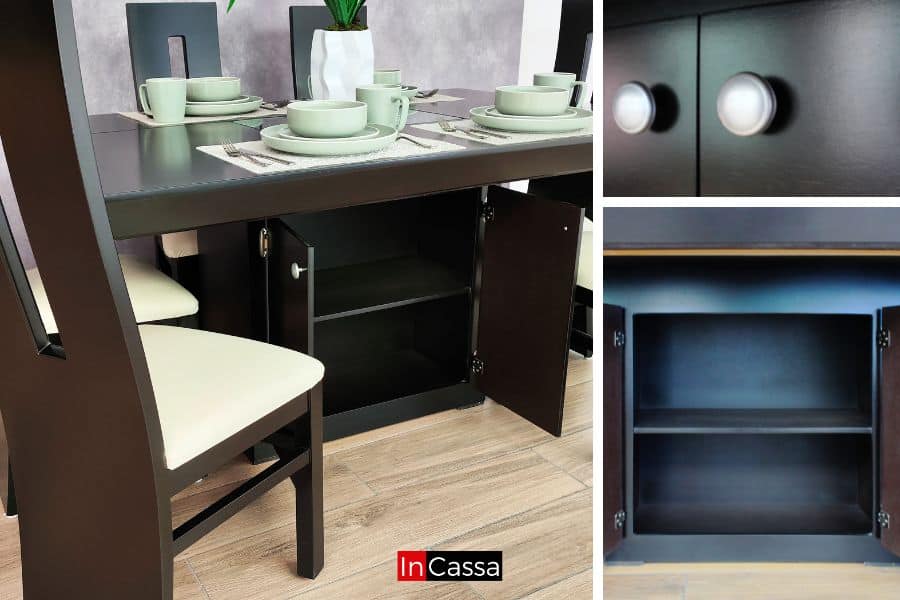 Se presenta una toma compuesta que muestra el compartimento interior del comedor en color chocolate completo, ubicado en la base de la mesa. El gabinete cuenta con puertas abatibles, repisa central para mayor almacenamiento y prácticos botones magnéticos de cierre, combinando utilidad y elegancia en el mismo diseño.