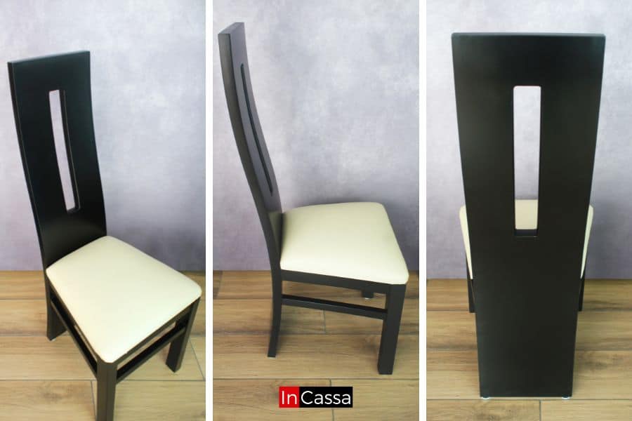 Una toma compuesta que muestra la elegante silla del comedor desde vista frontal, lateral y trasera. Resalta su respaldo alto con diseño recortado, estructura en tono chocolate y asiento acolchonado de suede en color hueso, brindando confort y un estilo sofisticado.