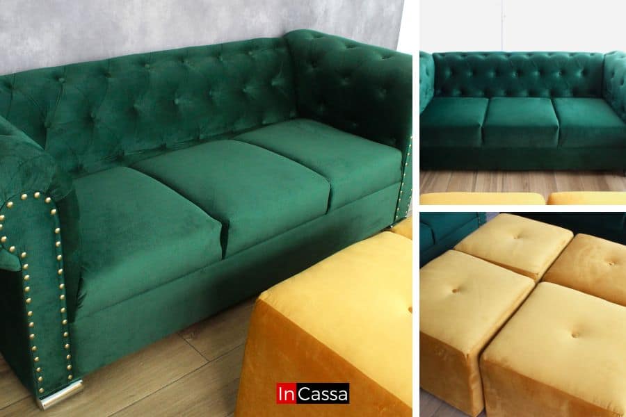 La imagen muestra distintos ángulos del modelo San Petersburgo: sofás en suede verde botella con capitoneado y remaches dorados, junto a taburetes tapizados en suede dorado. Se aprecia el diseño clásico con acabados modernos.